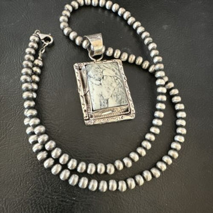 White Buffalo Turquoise Pendant | Navajo Pearls Sterling Silver Necklace | Authentic Native American Handmade | 17103