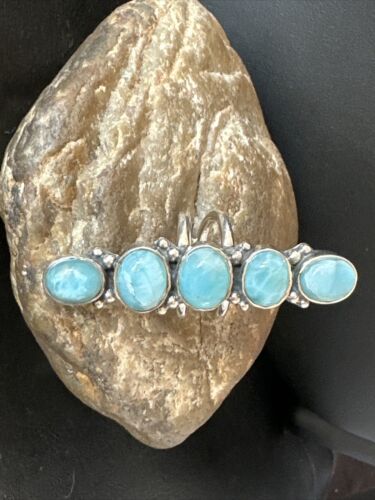 Navajo Women's Cluster Blue Larimar Ring | Authentic Native American Sterling Silver | Multi-Stone | Sz 7 | 16155