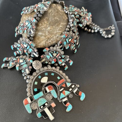XXL Turquoise Onyx Kokopelli Inlay Squash Blossom Necklace | Sterling Silver | 16177 - Masha USA