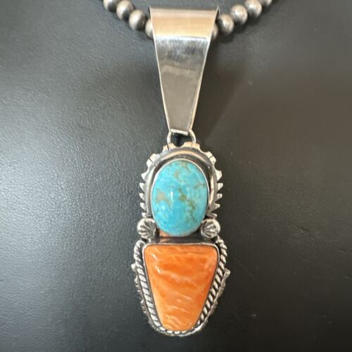Navajo Blue Kingman Turquoise Spiny Pendant Necklace | Sterling Silver | Multi-Stone | 16825