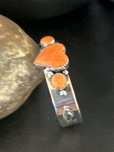 Navajo Orange Spiny Oyster Heart Cuff Bracelet | Sterling Silver | Authentic Native American Handmade | 15349