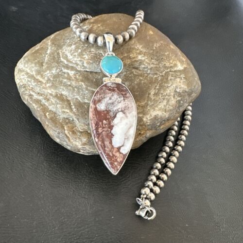 Navajo Wild Horse Blue Kingman Turquoise Necklace | Sterling Silver | Authentic Native American Handmade | 17314