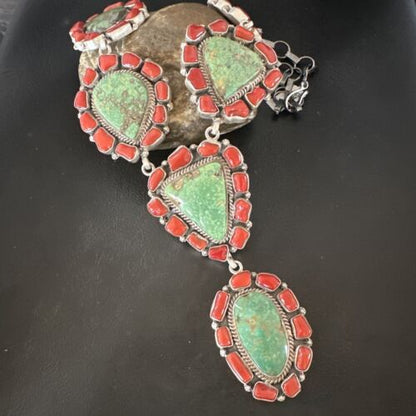 Navajo Green Turquoise and Coral Lariat Necklace Pendant | 23" | Authentic Native American Handmade | 16191