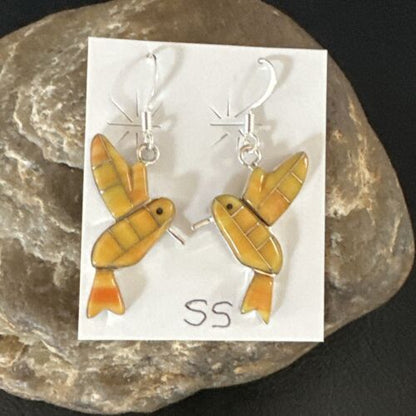 Navajo Orange Spiny Oyster Hummingbird Dangle Earrings | Sterling Silver | Authentic Native American Handmade | 15089