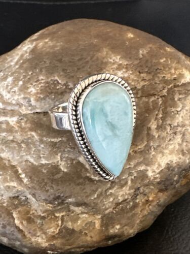 Navajo Blue Larimar Ring | Sterling Silver | Sz 9 | Authentic Native American Handmade | 17591 - Masha USA