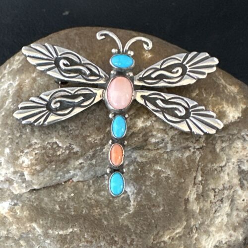 Navajo Dragonfly Pin Pendant | Blue Turquoise & Coral | Sterling Silver | Authentic Native American Handmade | 15236