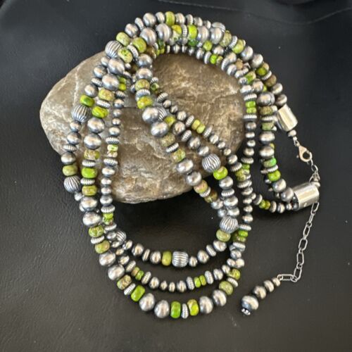 Navajo Pearls Green Turquoise Necklace | Sterling Silver | 3 Strand | 16403