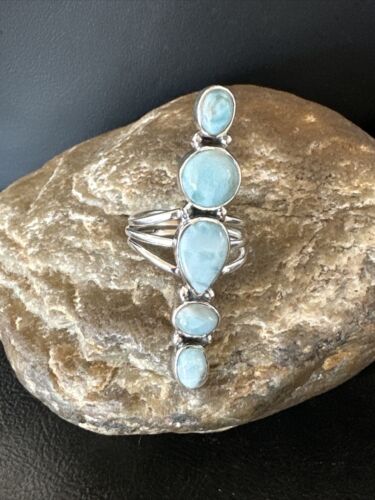 Navajo Women's Cluster Blue Larimar Ring | Authentic Native American Sterling Silver | Multi-Stone | Sz 8 | 16158