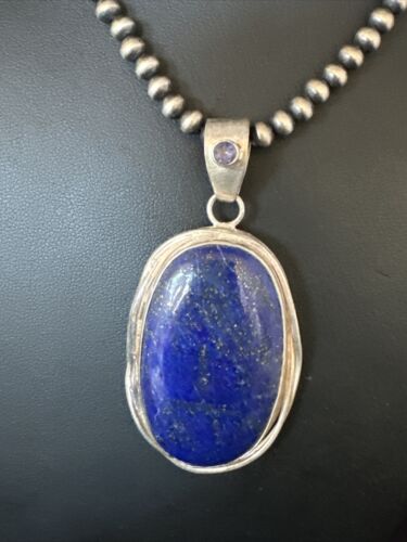 Men's Denim Lapis Lazuli Pendant Necklace | Navajo Beads | Sterling Silver | Authentic Native American Handmade | 15199