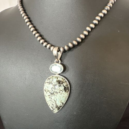 Navajo Dry Creek Turquoise Topaz Pendant Necklace | Sterling Silver | Authentic Native American Handmade | 16314