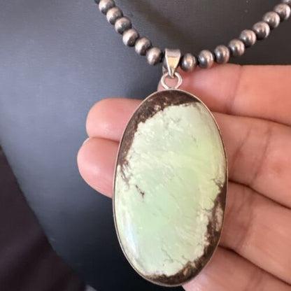 Navajo Green Gaspeite Pendant Necklace | Sterling Silver | Authentic Native American Handmade | 15485