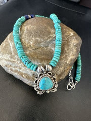 Blue Turquoise Pendant | Navajo Pearls Lapis | Sterling Silver Necklace 21" | 17539