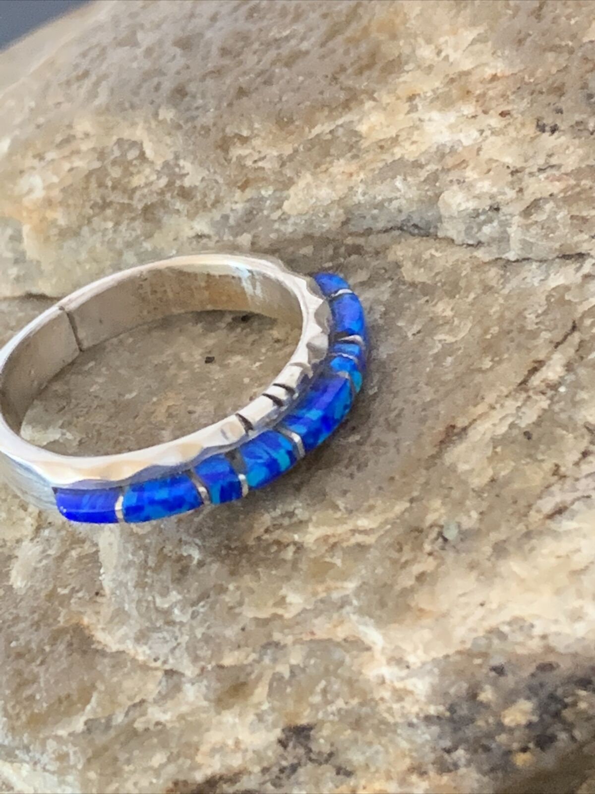 Native American Navajo Blue Opal Inlay Ring | Sterling Silver | Sz 7.5 | Handmade by Yazzie | 10621