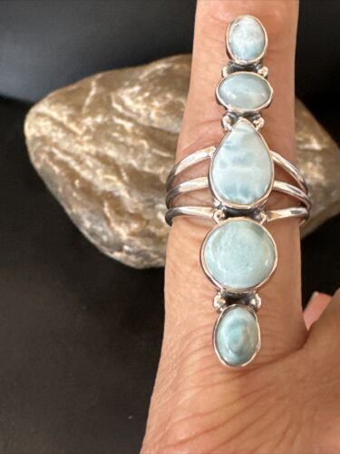 Navajo Women's Cluster Blue Larimar Ring | Authentic Native American Sterling Silver | Multi-Stone | Sz 8 | 16158