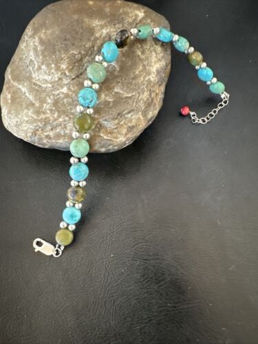 Women's Blue Turquoise Bead Bracelet | Southwestern Sterling Silver Link | 8" | 17237