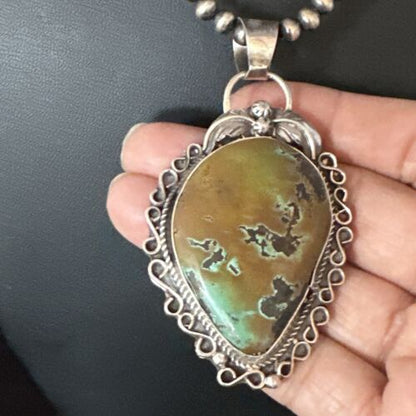 Navajo Mint Green Turquoise Pendant Necklace | Sterling Silver | Authentic Native American Handmade | 15034