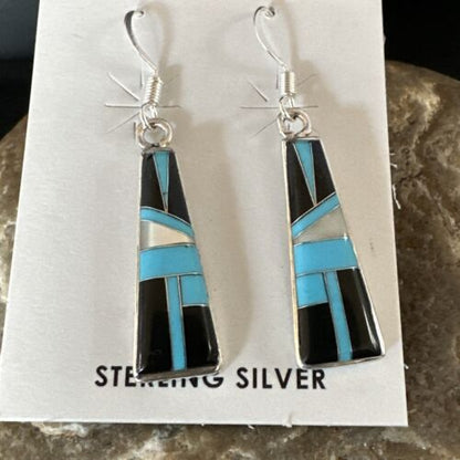 Navajo Blue Turquoise Black Onyx Inlay Earrings | Sterling Silver | 1" | Authentic Native American Handmade | 15700