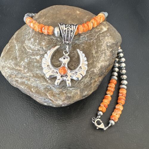 Navajo Thunderbird Orange Spiny Oyster Pendant Necklace | Sterling Silver | Authentic Native American Handmade | 16852