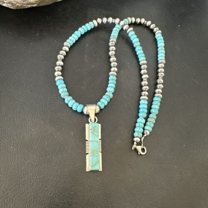 Navajo Turquoise #8 Inlay Pendant Necklace | Sterling Silver | Authentic Native American Handmade | 17055