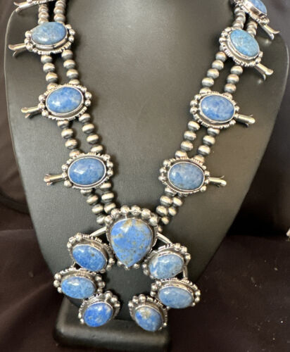 Navajo Denim Lapis Pendant Necklace | Sterling Silver Naja | Authentic Native American Handmade | 14987
