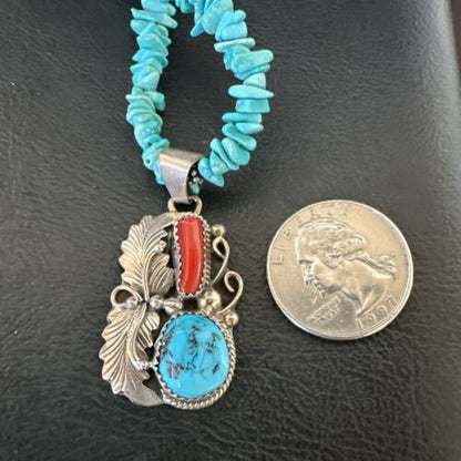 Navajo Blue Turquoise Coral Pendant Necklace | Sterling Silver Pearls | 20" | Authentic Native American Handmade | 17541