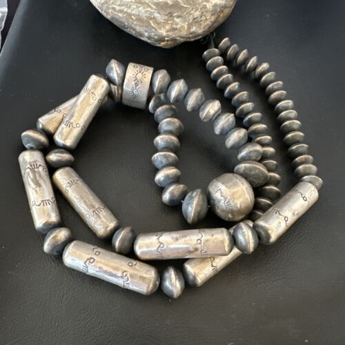 Navajo Stamped Bench Bead Necklace | Sterling Silver | 30" | Authentic Native American Handmade | 16727