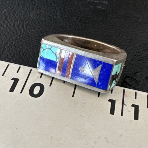 Men's Navajo Inlay Ring | Sterling Silver Lapis Blue Spiderweb Turquoise | Sz 8 | 15915