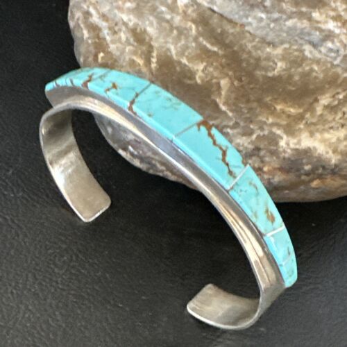 Navajo Men's Blue #8 Turquoise Inlay Bracelet | Sterling Silver | Authentic Native American Handmade | 15066