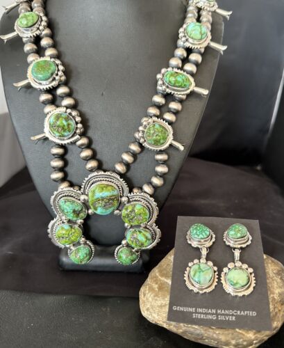 Navajo Ultra Rare Green Sonoran Gold Turquoise Squash Blossom Necklace Set | Sterling Silver | 17208