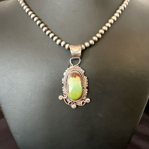 Navajo Royston Turquoise Pendant Necklace | Sterling Silver Pearls | Authentic Native American Handmade | 17060