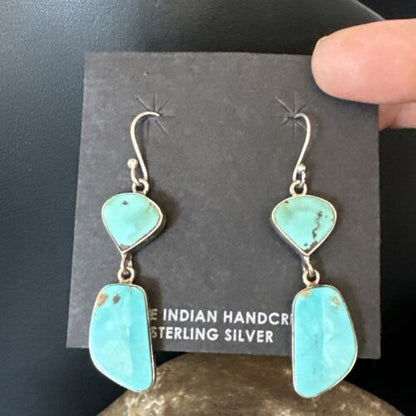 Navajo Blue Kingman Turquoise Dangle Earrings | Sterling Silver | Authentic Native American Handmade | 15118