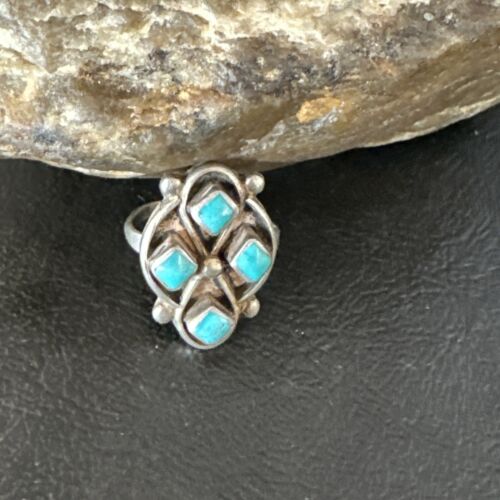 Navajo Blue Kingman Turquoise Cluster Ring | Authentic Native American Sterling Silver | Multi-Stone | Sz 5 | 15357