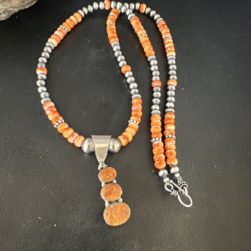 Navajo Orange Spiny Oyster Pendant Necklace | Sterling Silver | Multi-Stone | Authentic Native American Handmade | 15254