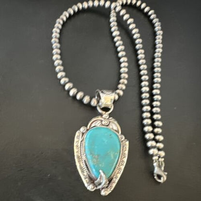 Navajo Blue Turquoise Pendant Necklace | Sterling Silver Pearls | Authentic Native American Handmade | 15646