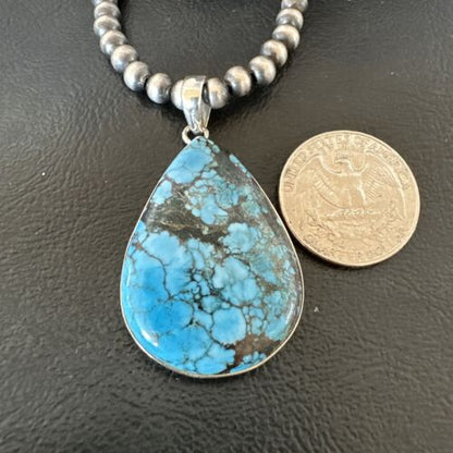 Men's Navajo Blue Spiderweb Turquoise Pendant Necklace | Sterling Silver | Authentic Native American Handmade | 16302
