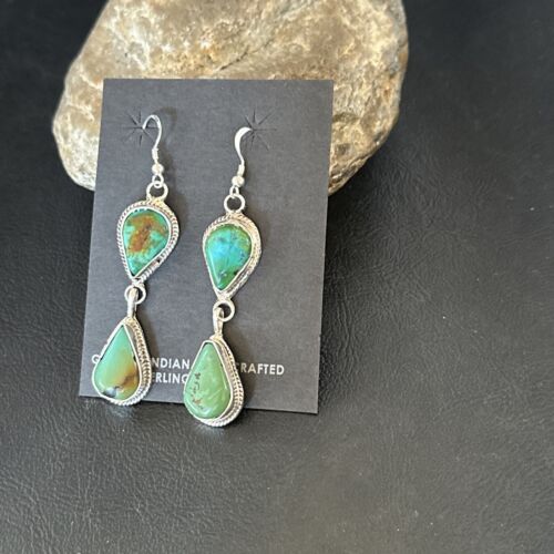 Navajo Green Royston Turquoise Dangle Earrings | Sterling Silver | Authentic Native American Handmade | 16492 - Masha USA