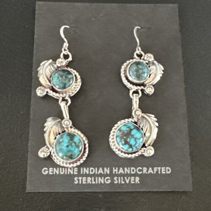 Navajo Blue Spiderweb Turquoise Dangle Earrings | Sterling Silver | Authentic Native American Handmade | 16011