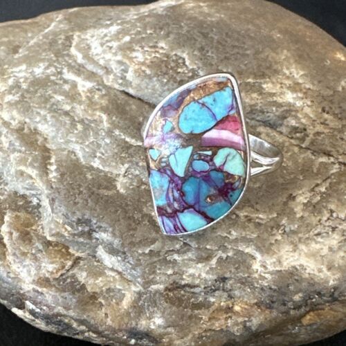 Navajo Blue Turquoise Purple Spiny Oyster Ring | Sterling Silver | Sz 8 | Authentic Native American Handmade | 16625