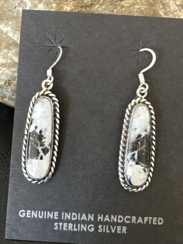 Navajo White Buffalo Turquoise Dangle Earrings | Sterling Silver | Authentic Native American Handmade | 16515