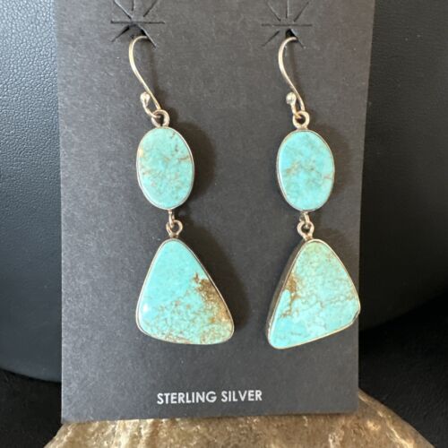 Navajo Blue Kingman Turquoise Dangle Earrings | Sterling Silver | Authentic Native American Handmade | 15124