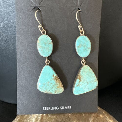 Navajo Blue Kingman Turquoise Dangle Earrings | Sterling Silver | Authentic Native American Handmade | 15124
