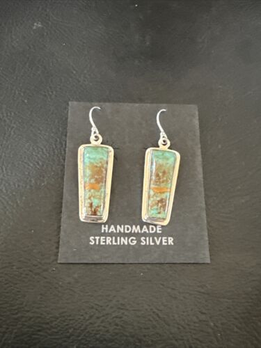 Navajo Blue Turquoise Dangle Earrings | Sterling Silver | Authentic Native American Handmade | 16507