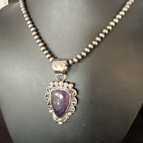 Navajo Pearls Purple Sugilite Pendant Necklace | Sterling Silver Beads | Authentic Native American Handmade | 15375