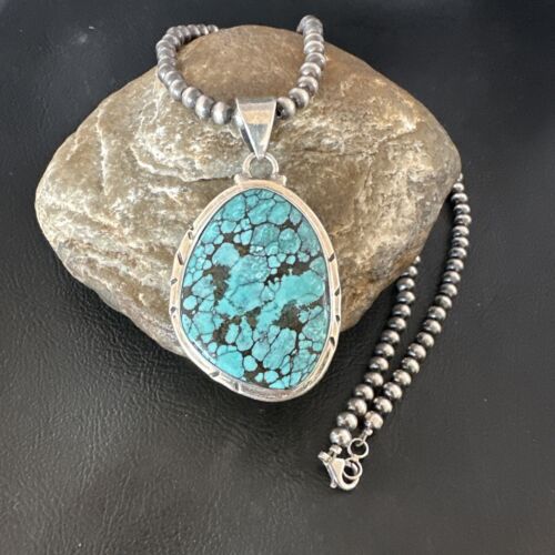 Men's Navajo Blue Spiderweb Turquoise Pendant Necklace | Sterling Silver | Authentic Native American Handmade | 16198