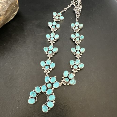 Navajo Blue Kingman Turquoise Squash Blossom Necklace | Sterling Silver | 16828