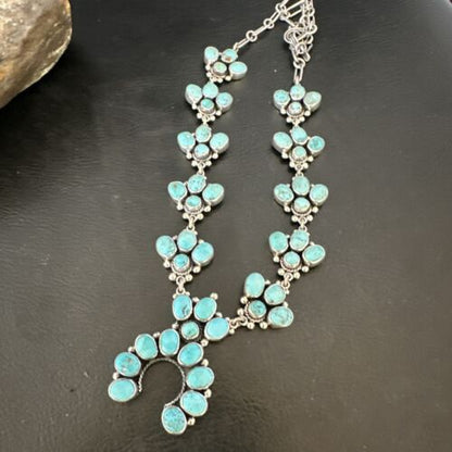 Navajo Blue Kingman Turquoise Squash Blossom Necklace | Sterling Silver | 16828