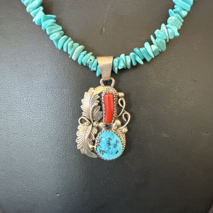 Navajo Blue Turquoise Coral Pendant Necklace | Sterling Silver Pearls | 20" | Authentic Native American Handmade | 17541