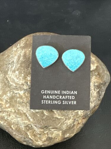 Navajo Blue Kingman Turquoise Post Stud Earrings | Sterling Silver | Authentic Native American Handmade | 17407