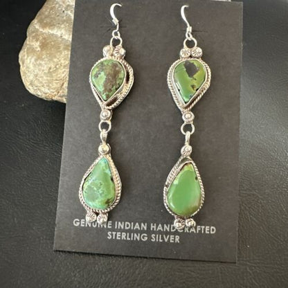Navajo Green Royston Turquoise Dangle Earrings | Sterling Silver | Authentic Native American Handmade | 17139