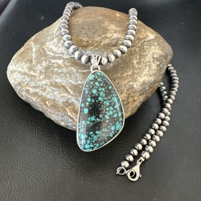 Men's Navajo Blue Spiderweb Turquoise Pendant Necklace | Sterling Silver | Authentic Native American Handmade | 16227